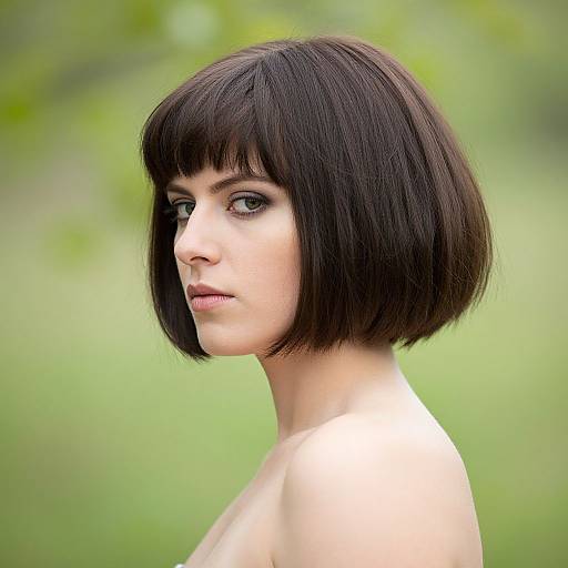 Photograph of a pale-skinned woman with a short, straight black bob haircut, side profile, nude, against a blurred green background.