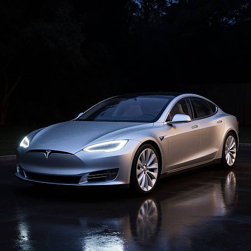 Photograph of a sleek, silver Tesla Model 3 sedan with glowing white headlights and reflective wet road, set against a dark, nighttime background.