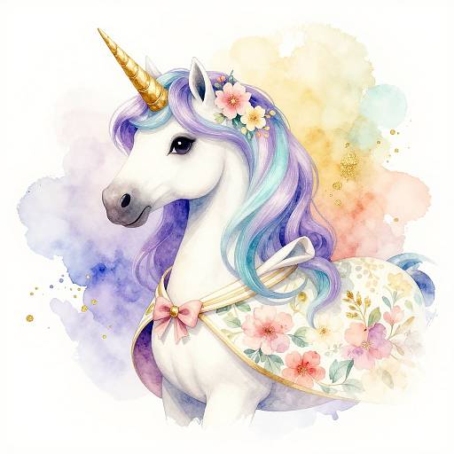 Digital watercolor of a white unicorn with a golden horn, pastel rainbow mane, and floral cape, set against a colorful splatter background.