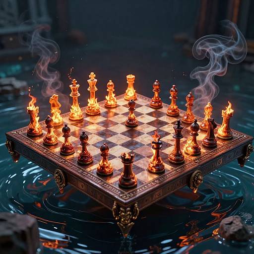 Photograph of a burning chessboard with flaming chess pieces, surrounded by ripples in dark water, emitting smoke. Dramatic, surreal scene.