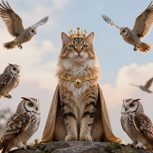 Regal, long-haired cat with golden crown and cape, surrounded by flying owls, set against a bright blue sky. Digital art.