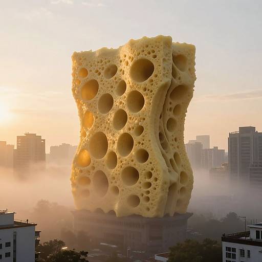 Photorealistic CGI of a giant, sponge-like, yellow cheese block with numerous holes, towering over a misty urban skyline at sunset.