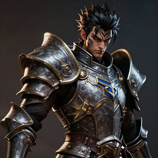 CGI image of a muscular, dark-haired male warrior in shiny, ornate silver armor with blue accents, intense facial expression, and spiked hair.
