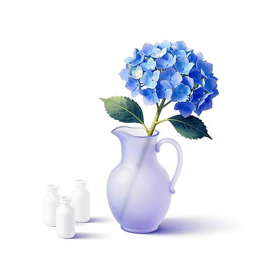 Photograph of a white ceramic pitcher with vibrant blue hydrangea flowers and green leaves, set against a stark white background.