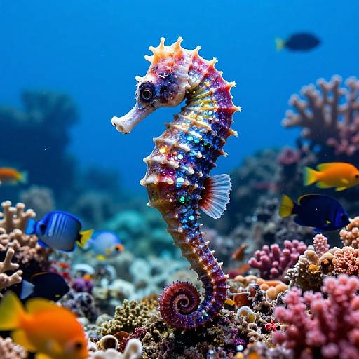 Vibrant photograph of a multicolored seahorse with glittery scales, surrounded by bright orange and blue fish, and colorful coral in a
