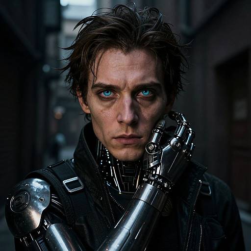 Digital artwork of a pale, blue-eyed man with disheveled brown hair, wearing a black futuristic cybernetic suit with exposed metallic arms, standing