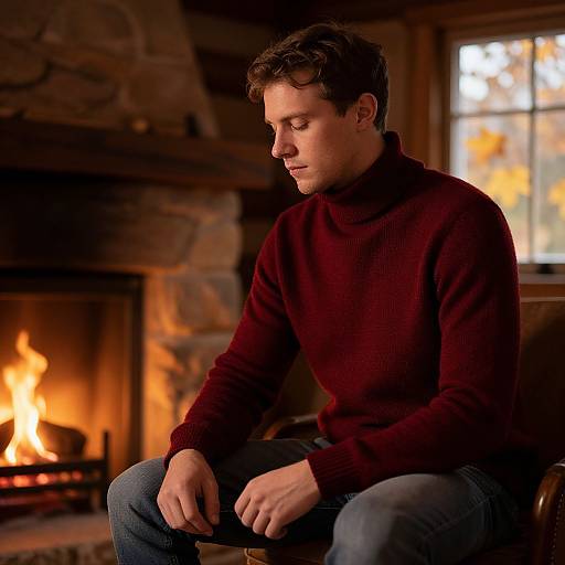 Photograph of a young man with short brown hair, wearing a maroon turtleneck and blue jeans, sitting by a warmly lit stone fireplace in