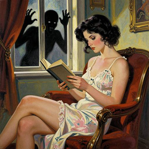 Digital painting of a fair-skinned woman with dark curly hair, wearing a floral nightgown, reading in an ornate chair, with shadowy