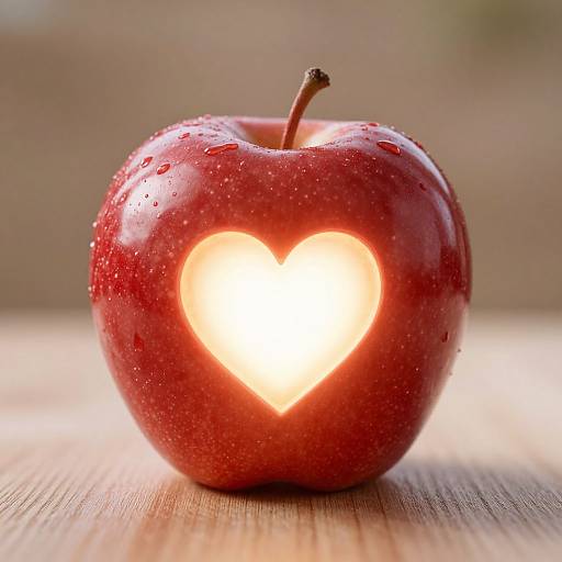 Photograph of a red, glossy apple with water droplets, featuring a glowing heart-shaped light cutout, resting on a wooden surface.