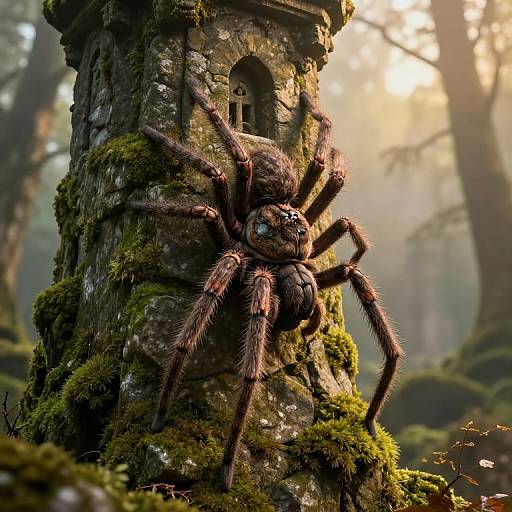 Ancient Moss-Covered Spider in Misty Forest