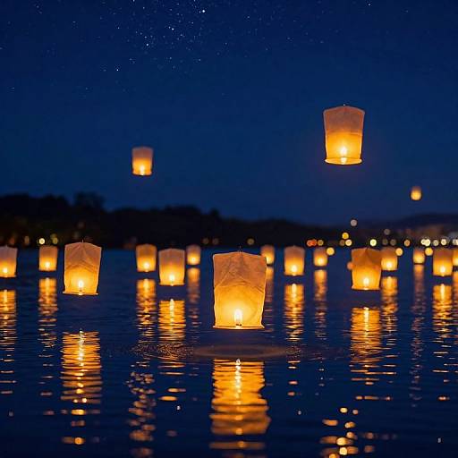 Photograph of glowing paper lanterns floating on calm, dark blue water at night, reflections shimmering, with a starry sky background.
