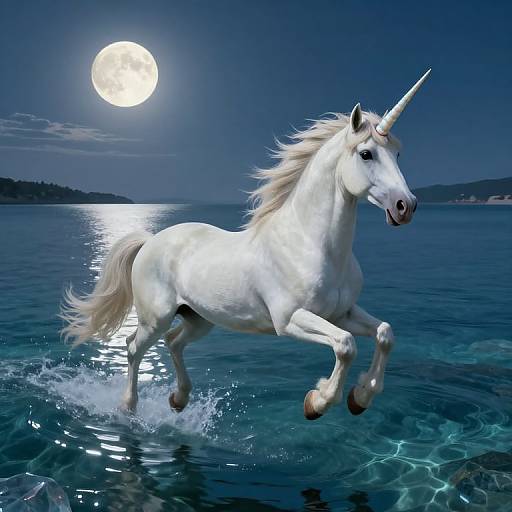 Photograph of a white unicorn with a long mane and horn, galloping on a moonlit, reflective ocean under a clear, dark blue night