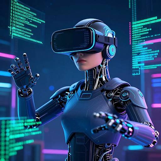 CGI image of a female cyborg in a futuristic lab, wearing a black VR headset, raising a hand. Neon blue and pink lights illuminate the
