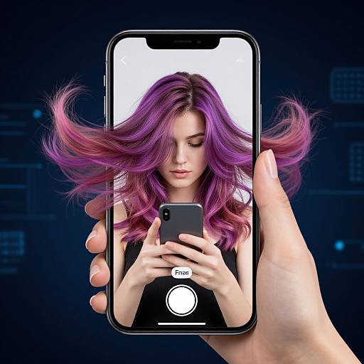 Photograph of a hand holding a smartphone, displaying a digital portrait of a young woman with vibrant purple and pink hair, focused on the phone screen.