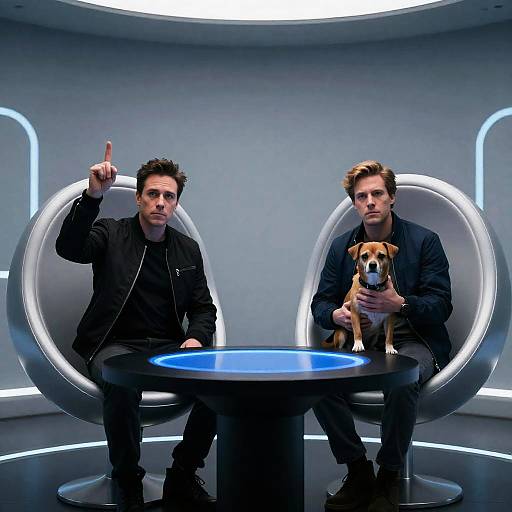 Futuristic Scene with Two Men and Dog