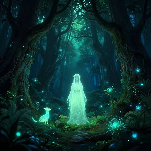 Digital fantasy artwork of a glowing, ethereal woman in a forest, surrounded by bioluminescent fireflies, a glowing fox, and dark,