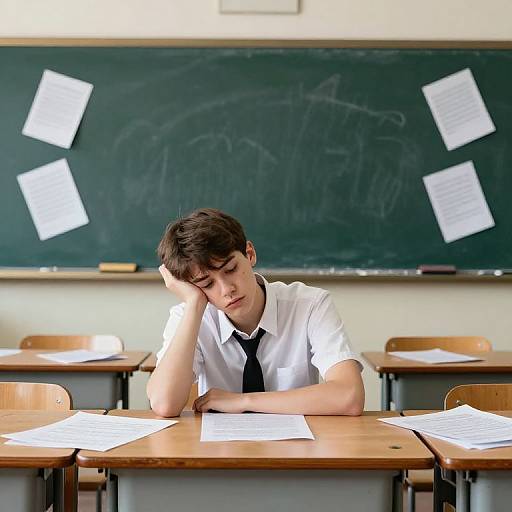 Photograph of a teenage boy with short brown hair, wearing a white shirt and black tie, resting his head on his hand in a classroom, papers