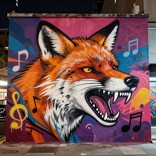 Vibrant street art mural of a fierce, orange-red fox with sharp teeth, yellow eyes, and musical notes on a purple-blue background.