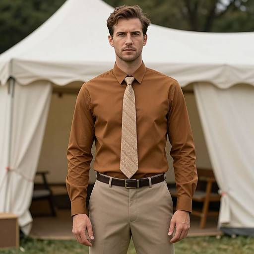 Photograph of a handsome, fit man with short brown hair, wearing a brown shirt, beige tie, and khaki pants, standing in front of
