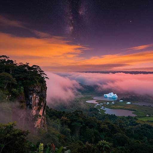 Photograph of a dramatic sunset over a lush, cloud-covered jungle cliff, with a glowing white ice formation and reflective water below.