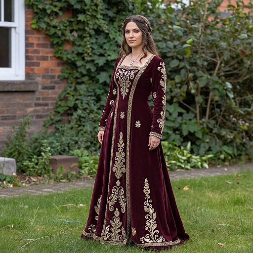 Photograph of a young woman with long brown hair, wearing a deep purple, long-sleeved, ornate gown with gold embroidery, standing on