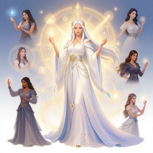 Digital art: Central radiant white-robed woman with long hair, surrounded by five other women in blue and white dresses, each casting spells, glowing magical