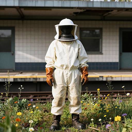 Beekeeper in Protective Suit on Abandoned Subway Platform