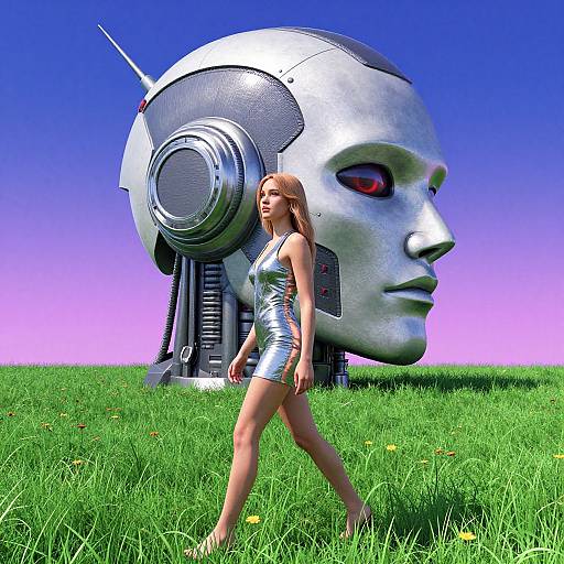 Digital art: Blonde woman in silver mini-dress walks past a giant, robotic silver head with red eyes on grassy field, against a purple-blue