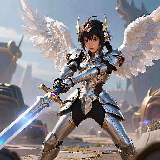 Digital art of a fierce, armored angel warrior with white wings, holding a glowing sword in a sunlit, battle-scarred landscape.