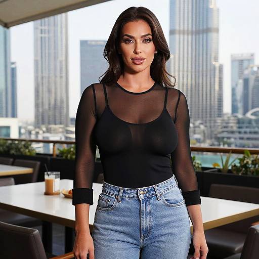 Photograph of a brunette woman with long hair, wearing a sheer black top and high-waisted blue jeans, standing in a modern city cafe with