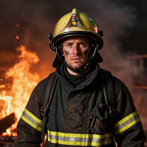 Photograph of a determined, dirty-faced male firefighter in black gear with yellow stripes, yellow helmet, and intense gaze, standing before a fierce, orange