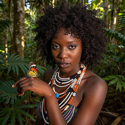 Photograph of a dark-skinned woman with curly hair, wearing colorful beaded necklaces, holding a vibrant orange and black butterfly in a lush,
