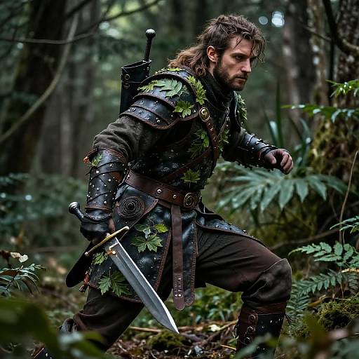 Photorealistic fantasy image of a rugged, bearded man in medieval armor adorned with green leaves, holding a sword, crouching in a dense