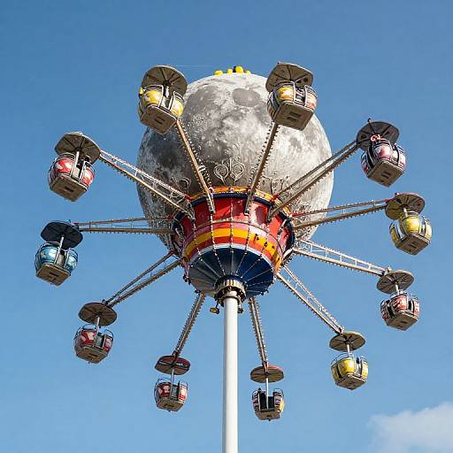 Photograph of a moon-themed Ferris wheel with colorful, enclosed gondolas, set against a clear blue sky. Bright sunlight highlights the metallic structure