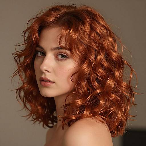 Photograph of a fair-skinned woman with striking, wavy, shoulder-length red hair, gazing slightly to the side with soft, natural makeup