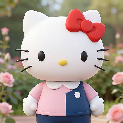 Photograph of Hello Kitty with white face, black whiskers, yellow nose, red bow, pink shirt, blue overalls, standing in a garden