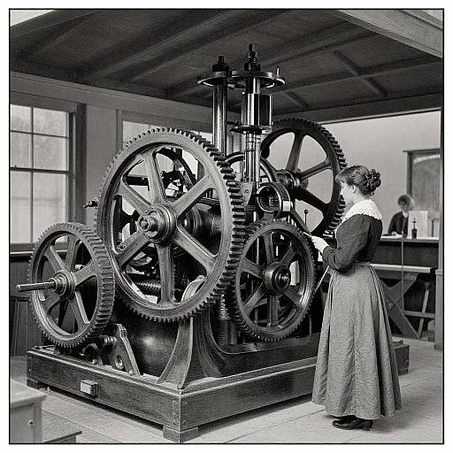 Black-and-white photograph of a Victorian-era woman in a long skirt and white blouse, operating large, intricate steam-powered gears in a workshop with wooden beams