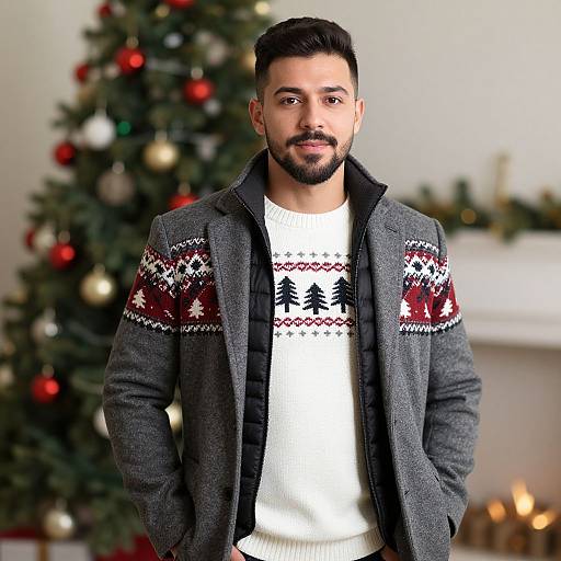 Photorealistic image of a bearded man with dark hair, wearing a gray sweater with Christmas patterns, white sweater, and hands in pockets, standing