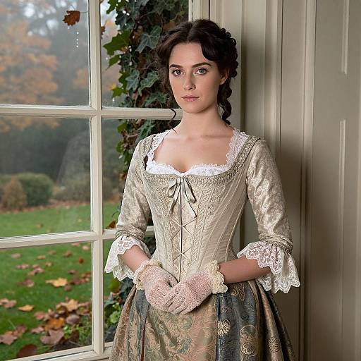 Photograph of a young woman with fair skin and dark hair in an 18th-century-style white lace gown, standing by a window with autumn foliage
