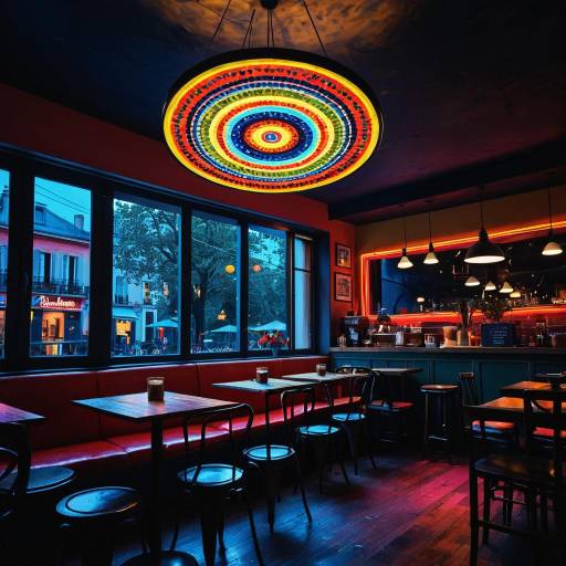 Cozy Paris-style Cafe Interior with Neon Medallion Light