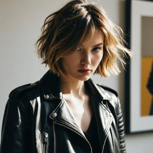 Fashion Model with Tousled Bob Hairstyle in Leather Jacket