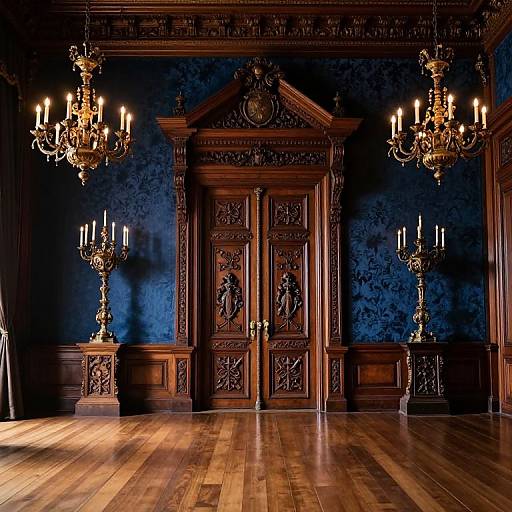 Luxurious, ornate room with dark blue damask wallpaper, rich wooden floors, intricate carved wooden doors, and gold chandeliers with lit candles