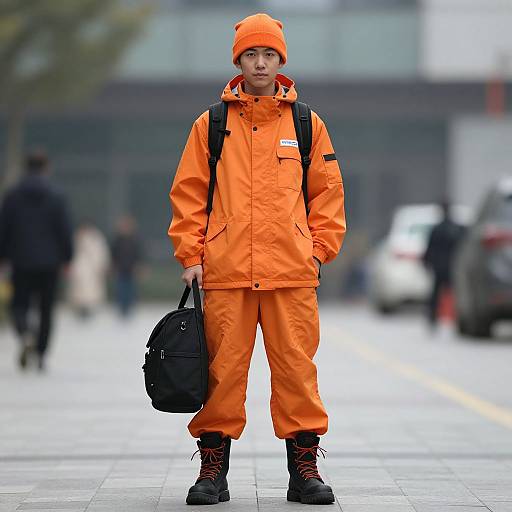 Photograph of a young man in an orange prison jumpsuit, beanie, and black boots, carrying a black backpack, standing on a city street
