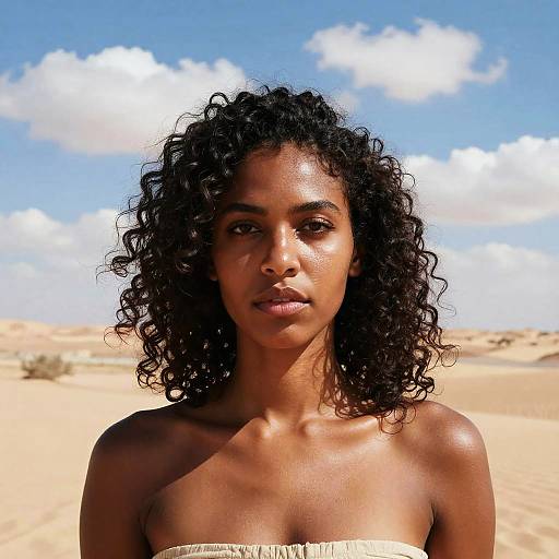 Photograph of a young Black woman with curly hair, bare shoulders, in a desert with blue sky and white clouds.