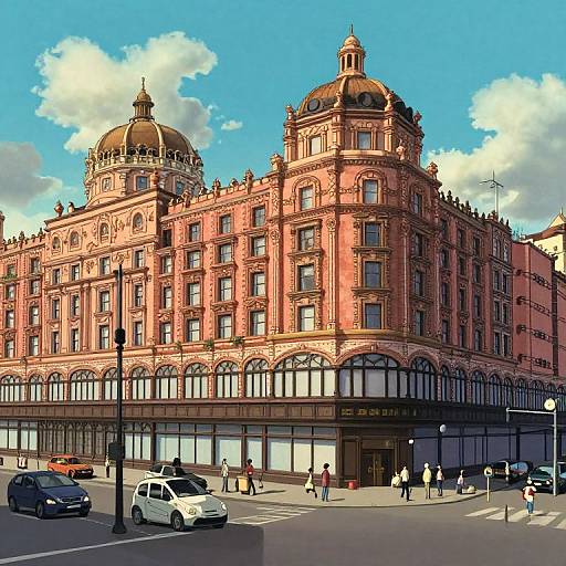 Photograph of a grand, pink Victorian-style building with two domes, large arched windows, and busy street below, under a bright blue sky