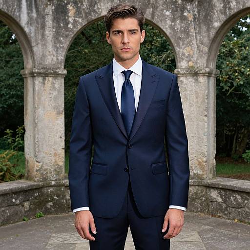 Confident Man in Navy Satin Suit