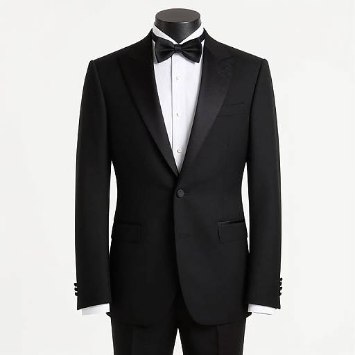 Photograph of a black tuxedo with a white dress shirt and black bow tie, displayed on a headless mannequin against a plain white