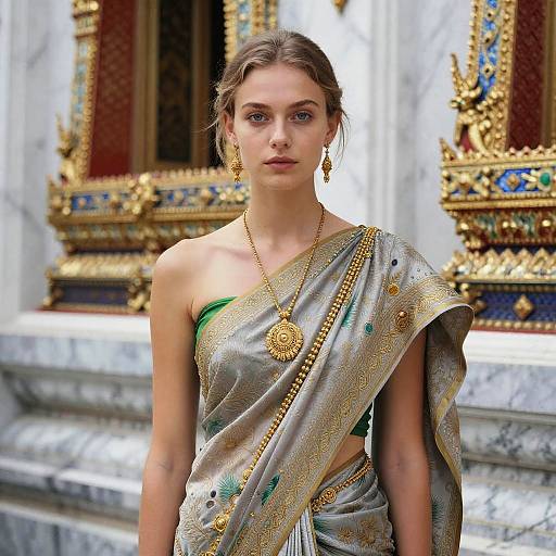 Photograph of a young Caucasian woman with light brown hair in a silver sari adorned with gold and green embroidery, wearing gold earrings and necklace, standing