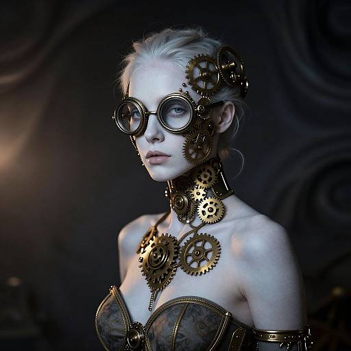 Steampunk-inspired photograph of pale-skinned woman with platinum blonde hair, wearing round goggles, large gear necklaces, and corset, against dark