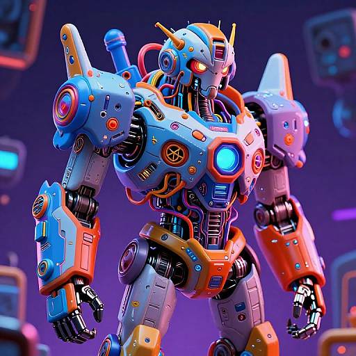 Vibrant, futuristic CGI robotic figure with blue, orange, and yellow accents, glowing lights, and intricate mechanical details, set against a purple-l